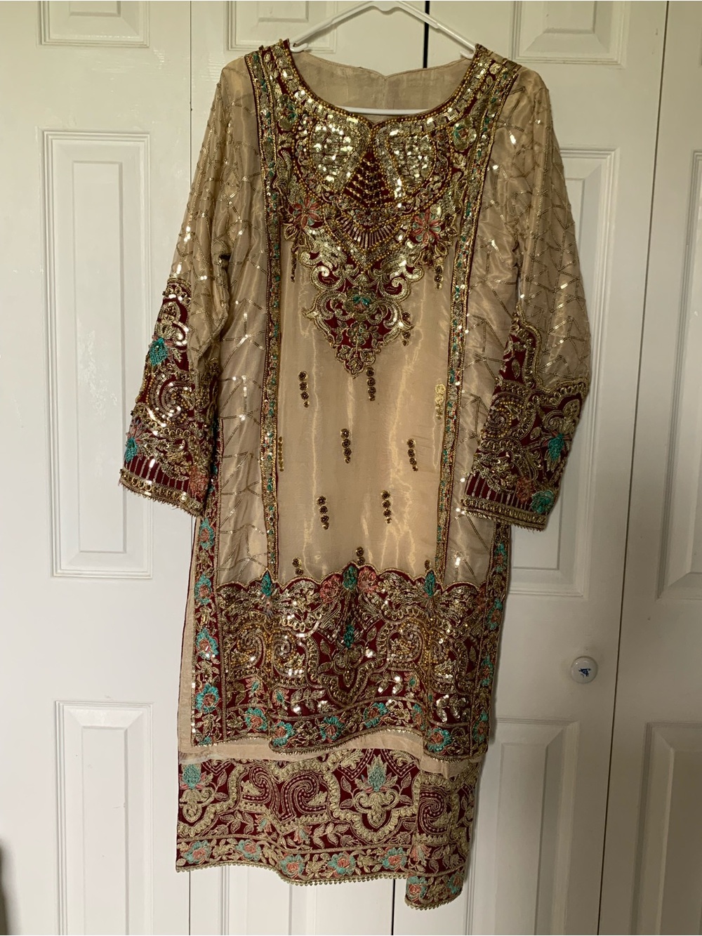Beige Embroidered Women’s Salwar Kameez with Maroon & Teal Accents